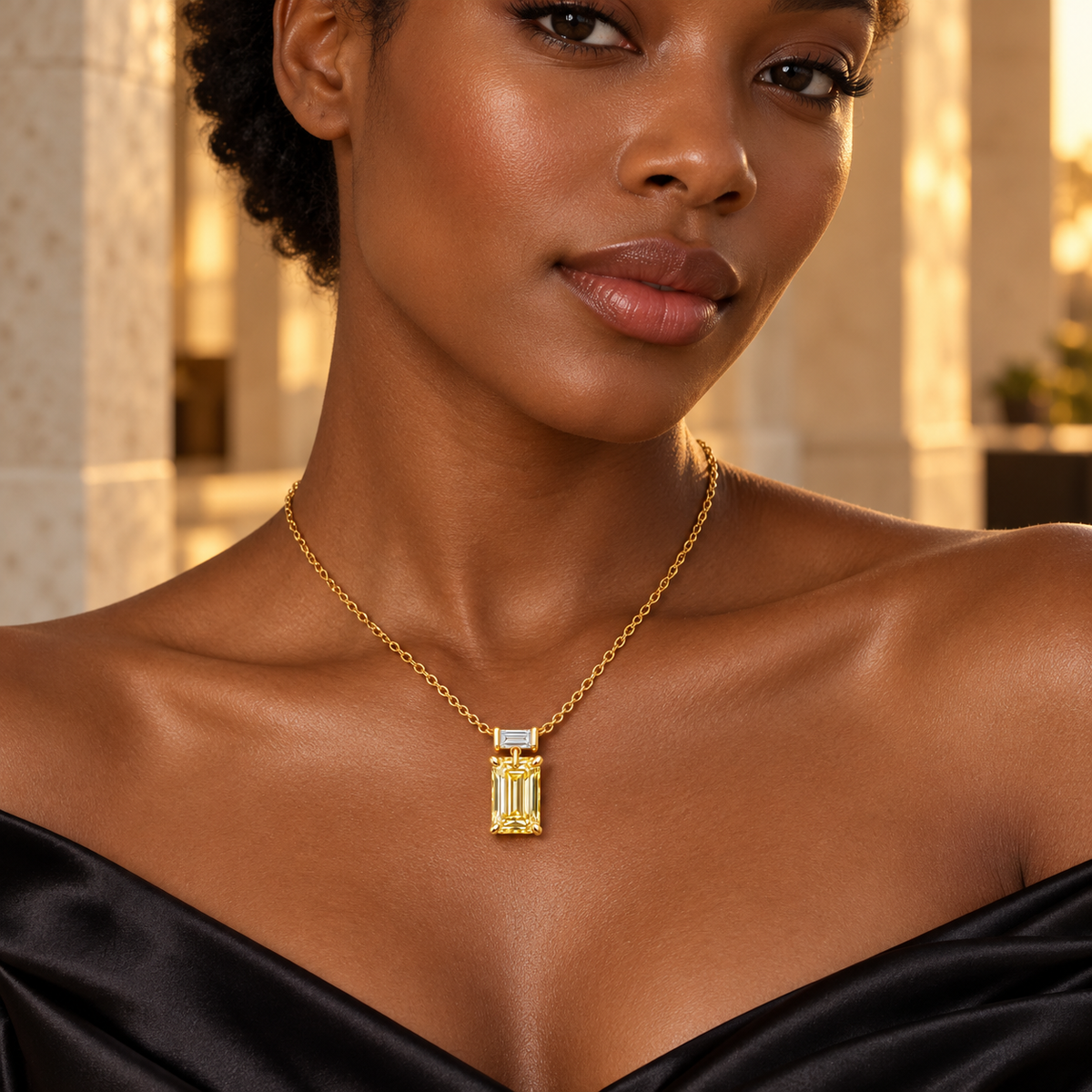 Design visualization of MISSISSI YN06 yellow lab-grown diamond necklace worn by an adult Black woman