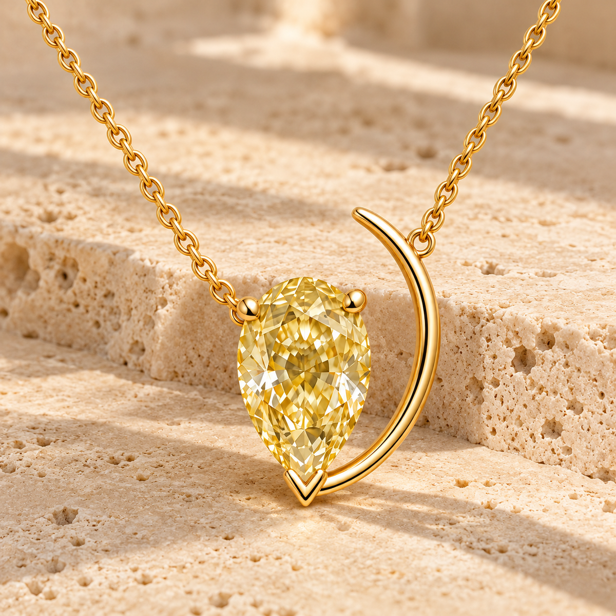 Design visualization of MISSISSI YN07 yellow lab-grown diamond necklace, on travertine