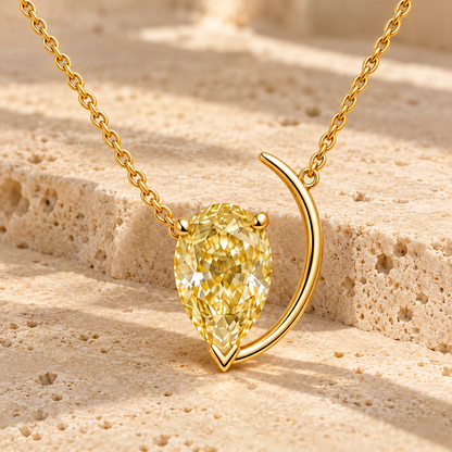 Design visualization of MISSISSI YN07 yellow lab-grown diamond necklace, on travertine