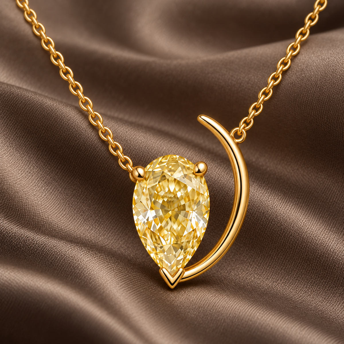 Design visualization of MISSISSI YN07 yellow lab-grown diamond necklace, on taupe silk