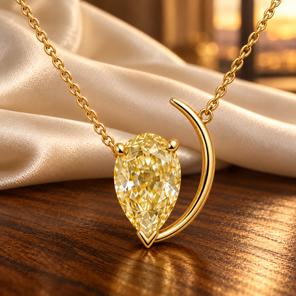 Design visualization of MISSISSI YN07 yellow lab-grown diamond necklace, on walnut with silk