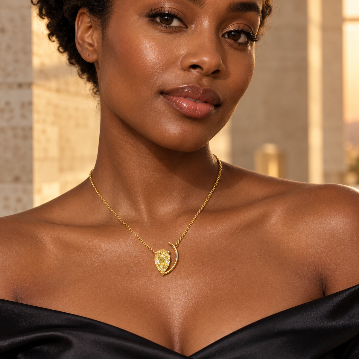 Design visualization of MISSISSI YN07 yellow lab-grown diamond necklace worn by an adult Black woman