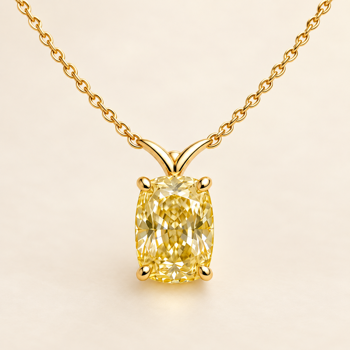 Design visualization of an elongated cushion-cut lab-grown yellow diamond pendant with a sculpted V-shaped connection to the chain