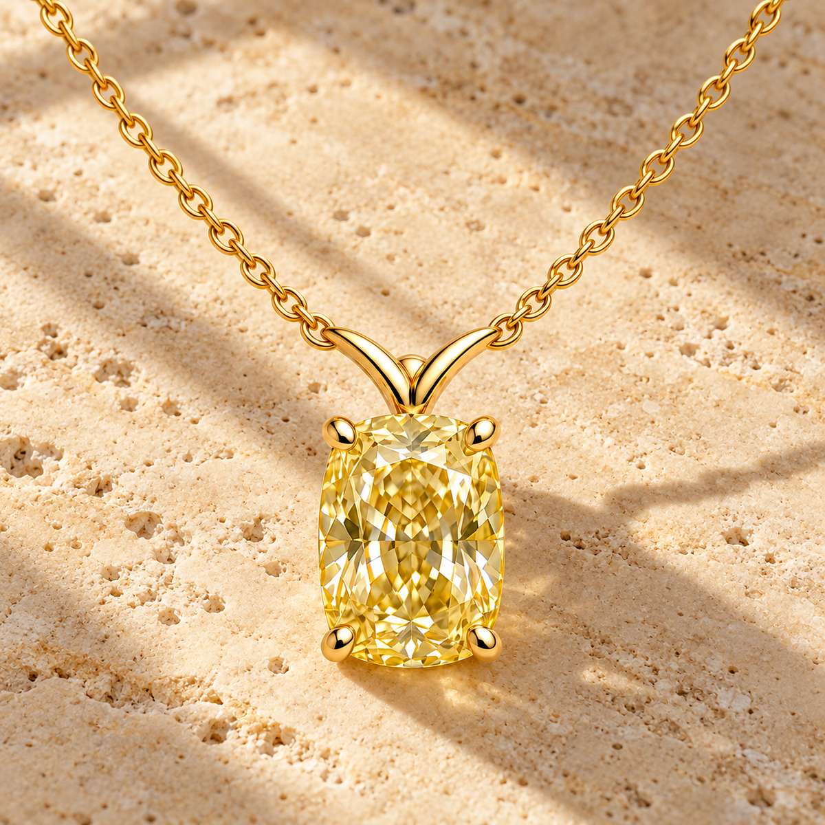 Design visualization of MISSISSI YN08 yellow lab-grown diamond necklace, on travertine