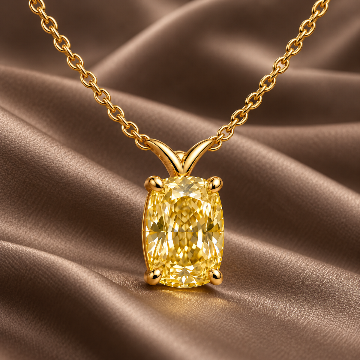 Design visualization of MISSISSI YN08 yellow lab-grown diamond necklace, on taupe silk