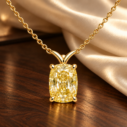 Design visualization of MISSISSI YN08 yellow lab-grown diamond necklace, on walnut with silk