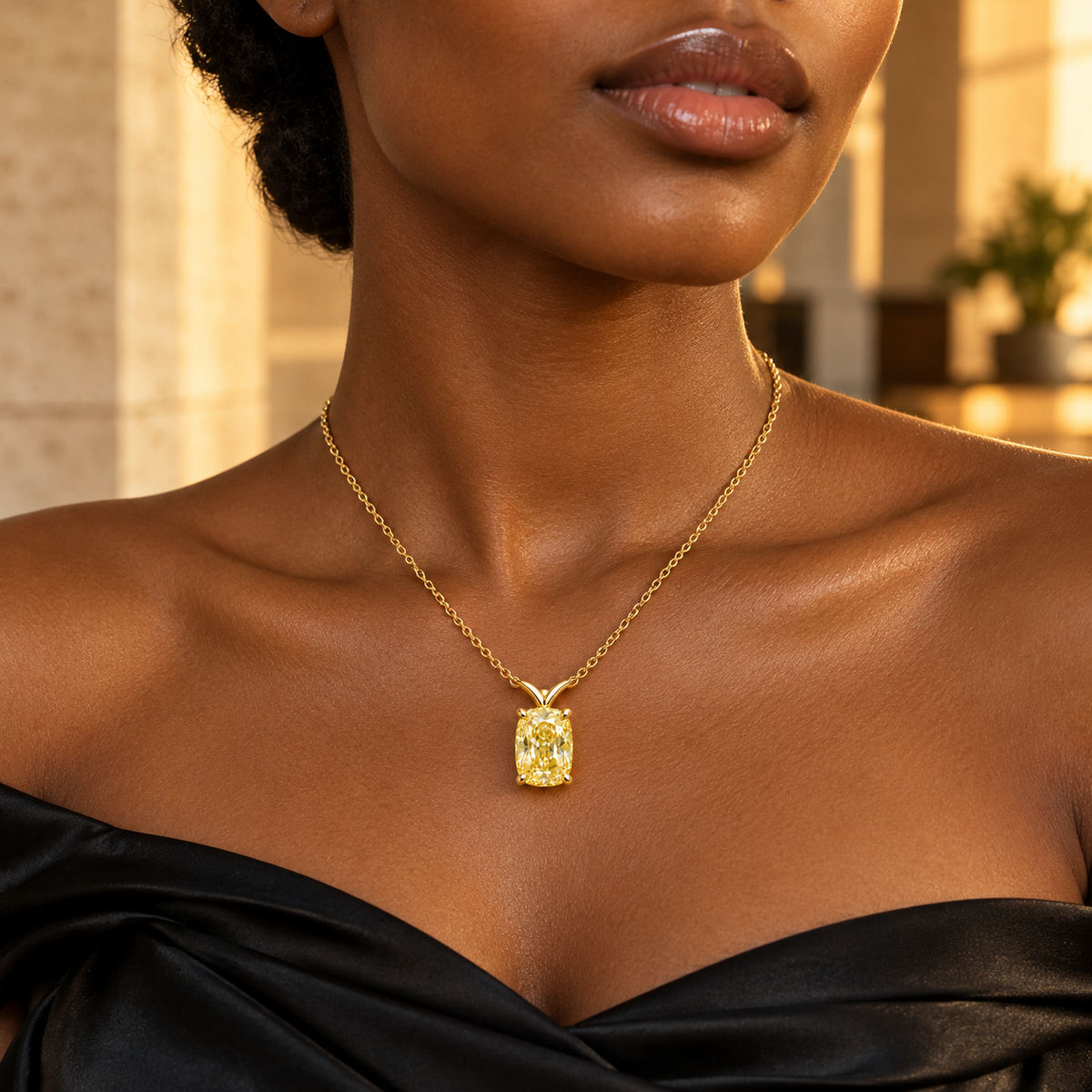 Design visualization of MISSISSI YN08 yellow lab-grown diamond necklace worn by an adult Black woman