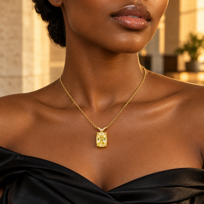 Design visualization of MISSISSI YN08 yellow lab-grown diamond necklace worn by an adult Black woman