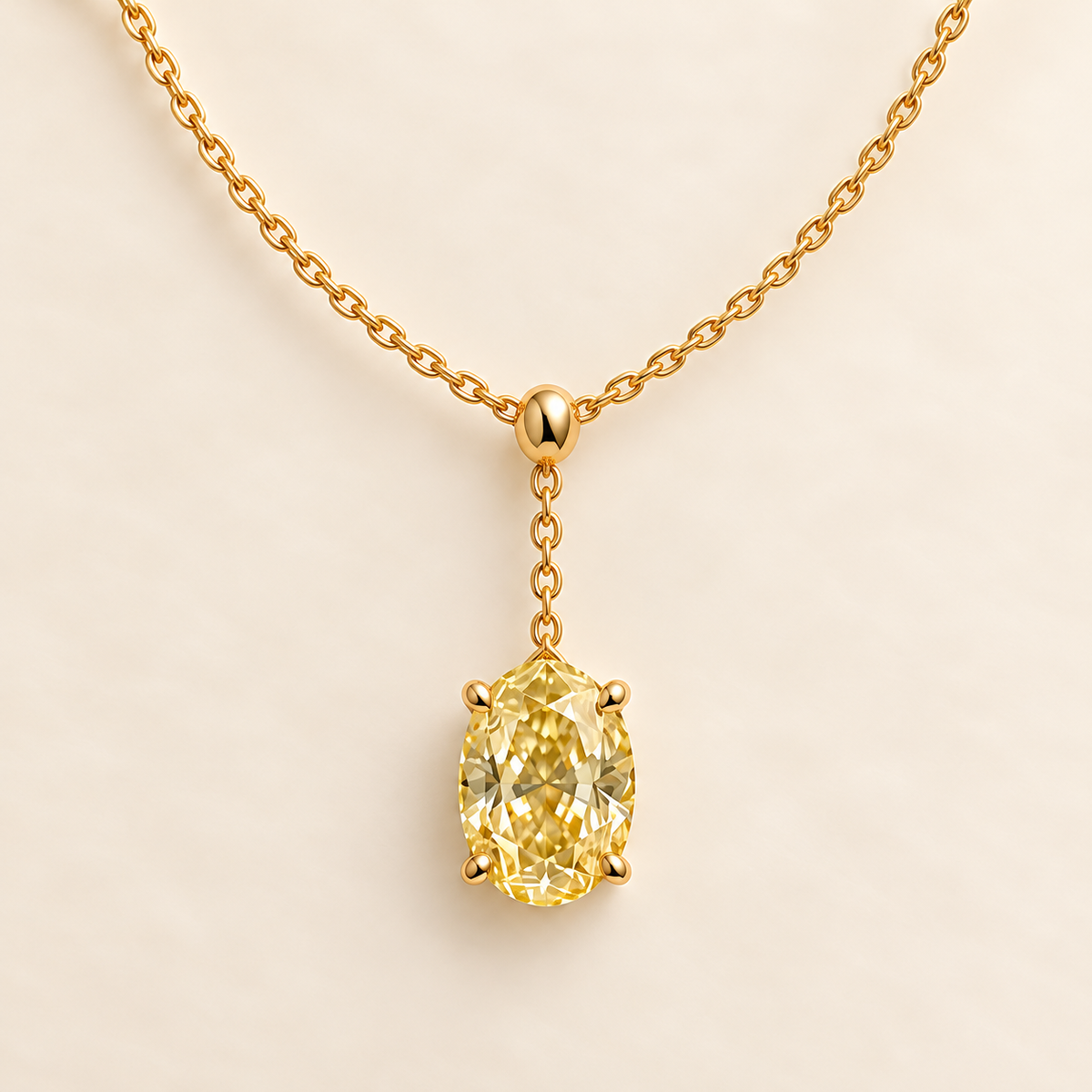 Design visualization of an oval lab-grown yellow diamond at the end of a short central chain drop on a lariat necklace