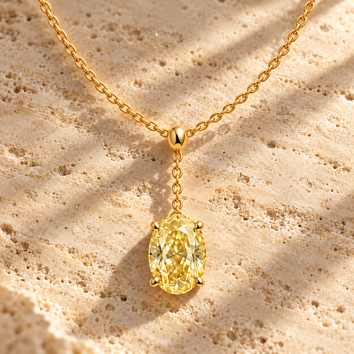 Design visualization of MISSISSI YN09 yellow lab-grown diamond necklace, on travertine