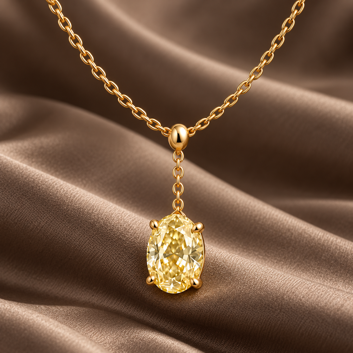 Design visualization of MISSISSI YN09 yellow lab-grown diamond necklace, on taupe silk