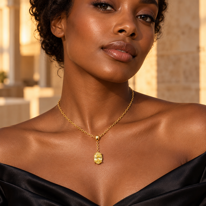 Design visualization of MISSISSI YN09 yellow lab-grown diamond necklace worn by an adult Black woman