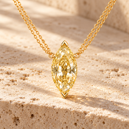 Design visualization of MISSISSI YN10 yellow lab-grown diamond necklace, on travertine