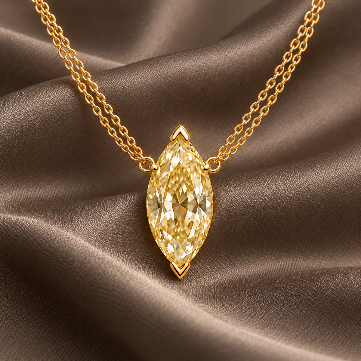 Design visualization of MISSISSI YN10 yellow lab-grown diamond necklace, on taupe silk