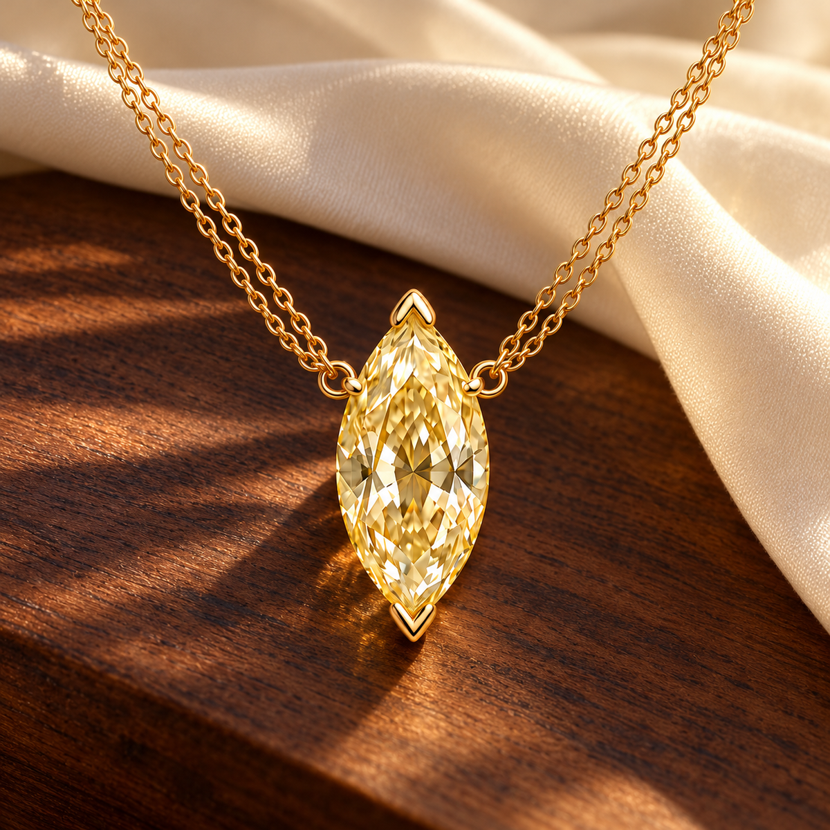 Design visualization of MISSISSI YN10 yellow lab-grown diamond necklace, on walnut with silk