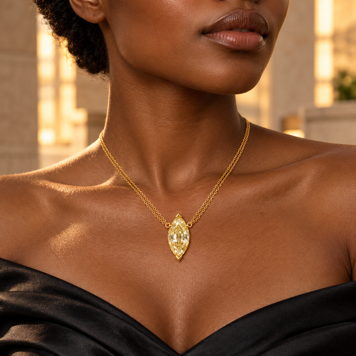 Design visualization of MISSISSI YN10 yellow lab-grown diamond necklace worn by an adult Black woman