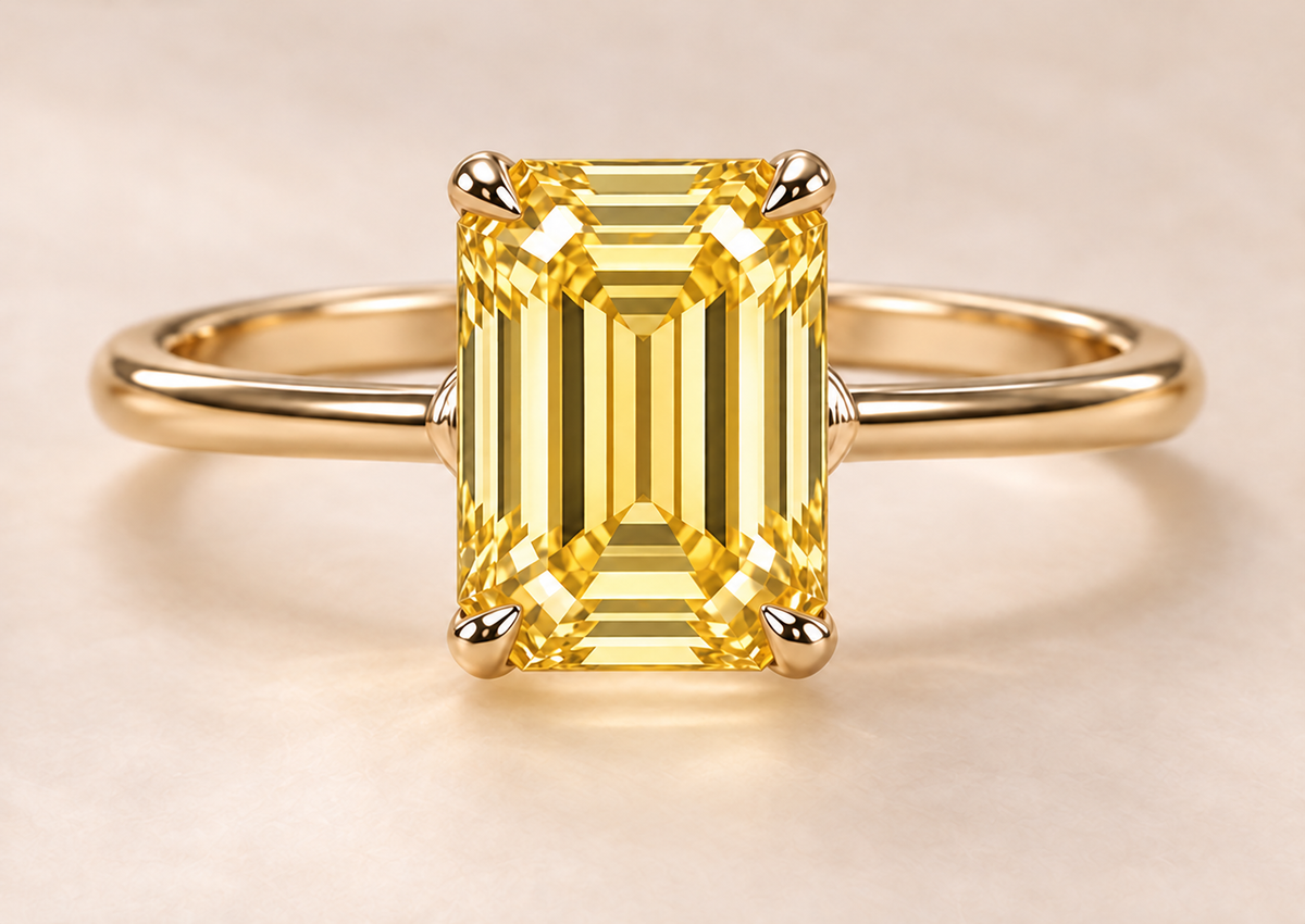 Design visualization of the MISSISSI YR02 vertical emerald-cut lab-grown yellow diamond solitaire ring