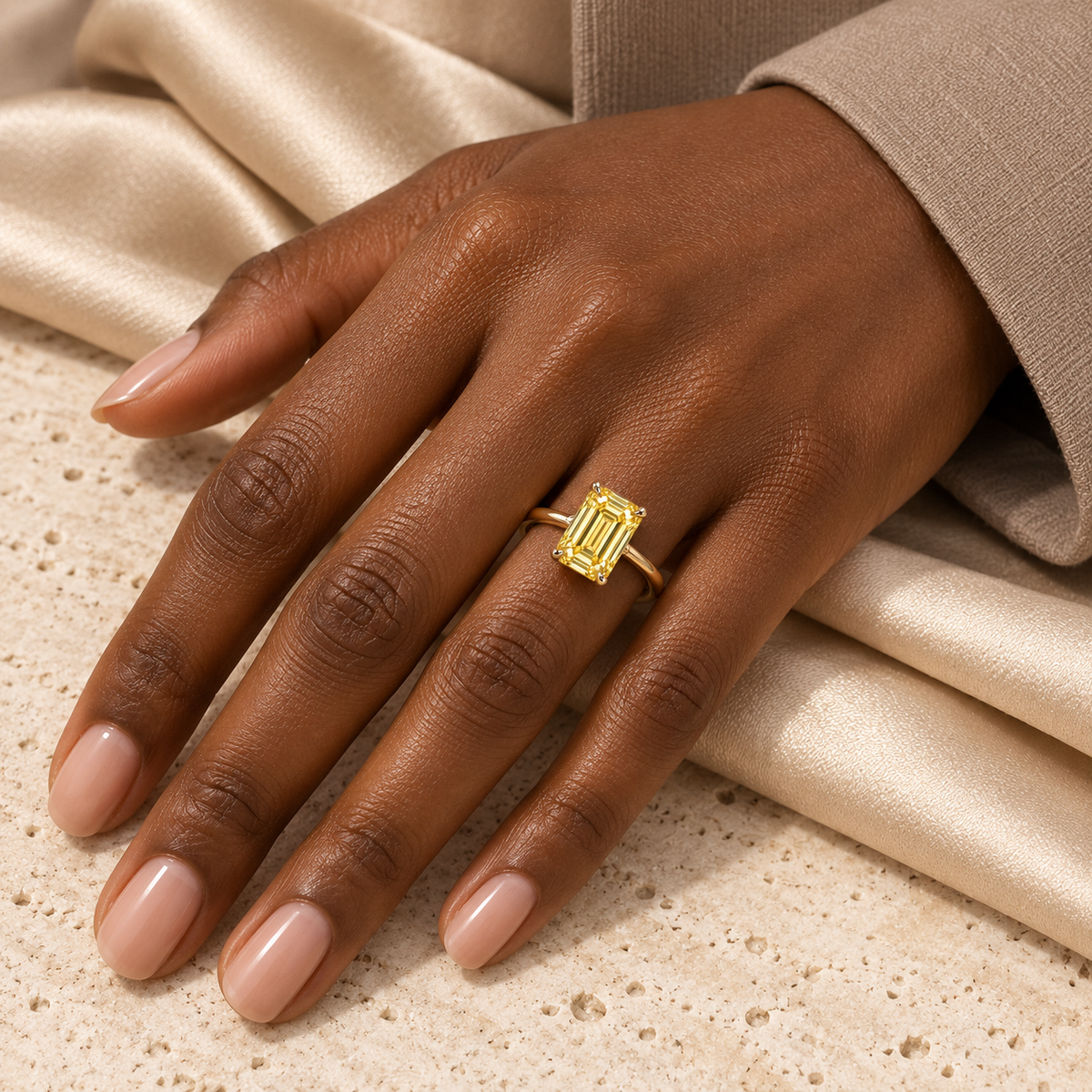 MISSISSI YR02 yellow lab-grown diamond ring worn by an adult Black woman on her left ring finger; design visualization
