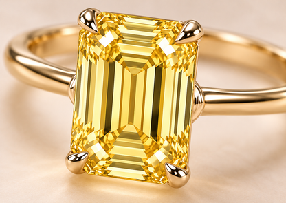 MISSISSI YR02 yellow lab-grown diamond ring setting and gemstone facet macro detail; design visualization