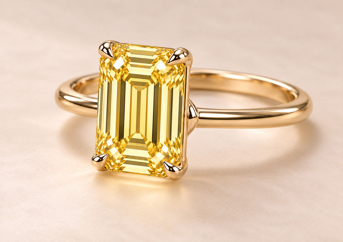 MISSISSI YR02 vertical emerald-cut lab-grown yellow diamond solitaire ring, three-quarter view; design visualization