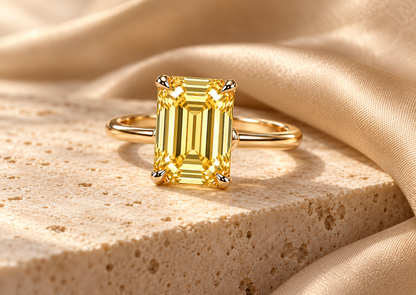 MISSISSI YR02 vertical emerald-cut lab-grown yellow diamond ring on travertine beside champagne silk; design visualization