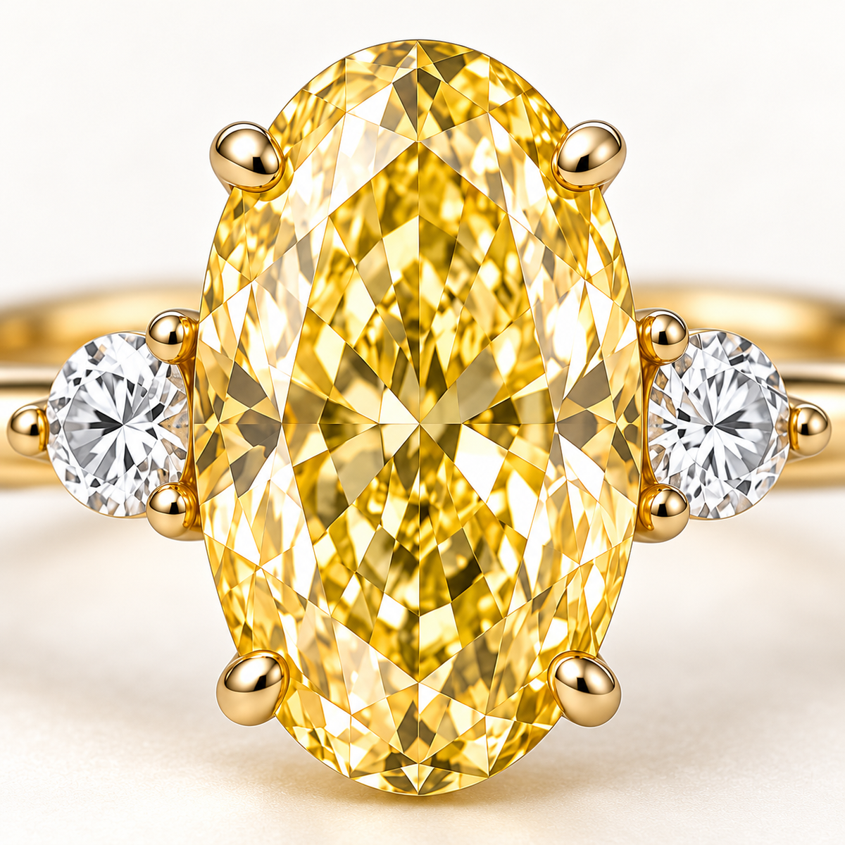 MISSISSI YR06 yellow lab-grown diamond ring, macro view of the oval yellow center, two round side stones, and visible gold setting. Design visualization.