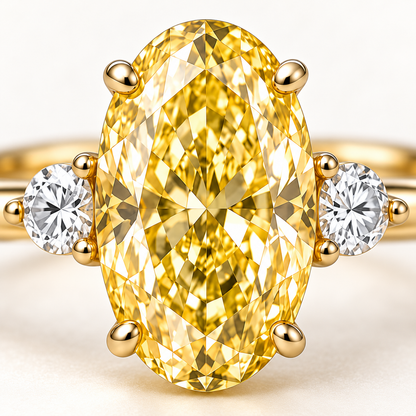 MISSISSI YR06 yellow lab-grown diamond ring, macro view of the oval yellow center, two round side stones, and visible gold setting. Design visualization.