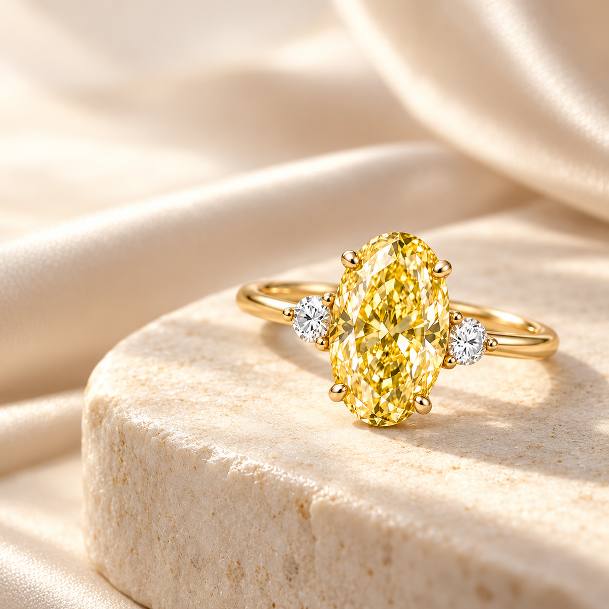 MISSISSI YR06 yellow lab-grown diamond ring, premium stone and silk still life. Design visualization.
