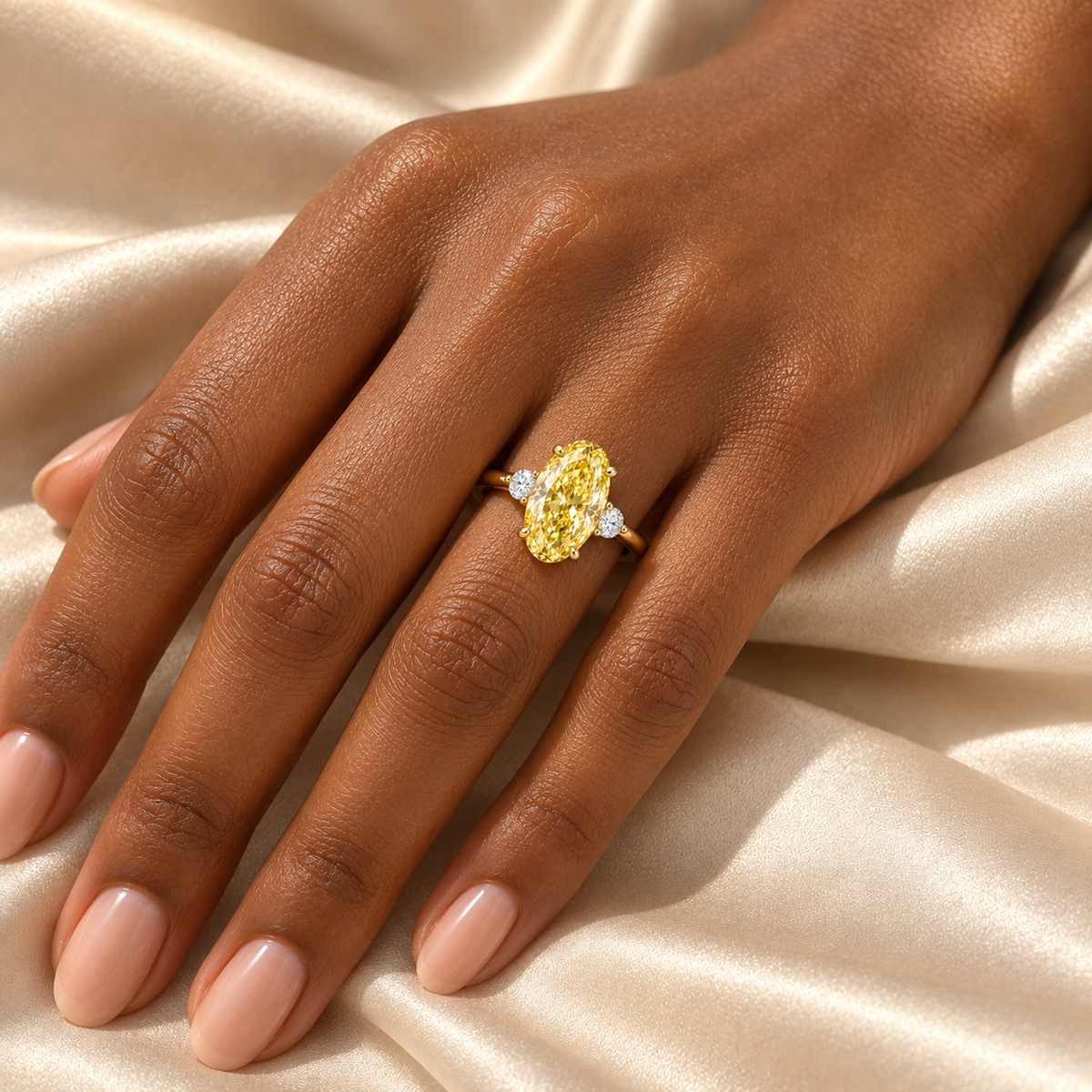 MISSISSI YR06 yellow lab-grown diamond ring, illustrative on-hand styling on a dark-skinned adult hand; not a scale guide. Design visualization.