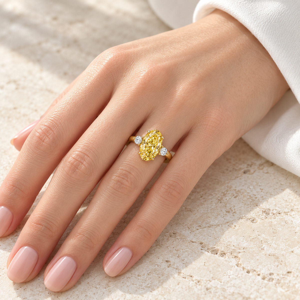MISSISSI YR06 yellow lab-grown diamond ring, illustrative on-hand styling on a light-skinned adult hand; not a scale guide. Design visualization.