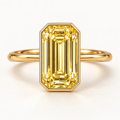 Design visualization of a vertically set emerald-cut lab-grown yellow diamond ring with a continuous bezel-style border and a plain band