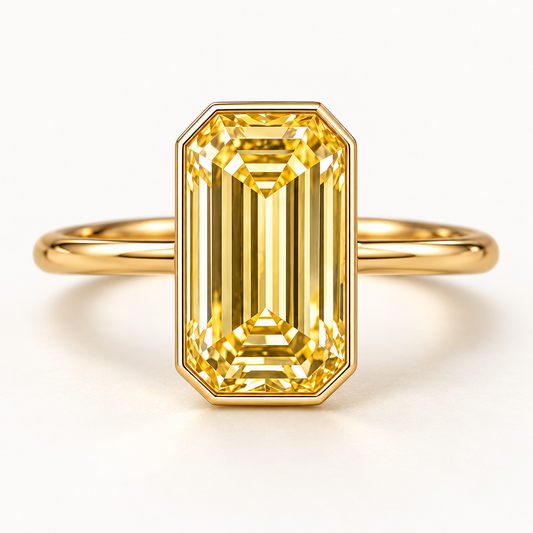 Design visualization of a vertically set emerald-cut lab-grown yellow diamond ring with a continuous bezel-style border and a plain band