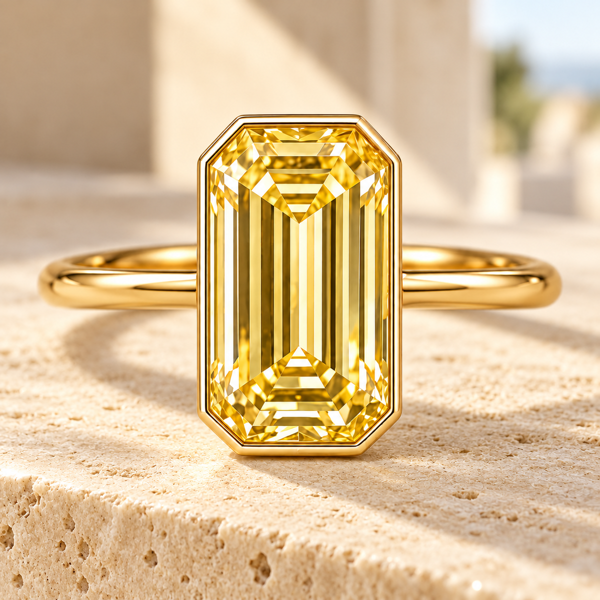 MISSISSI YR07 yellow lab-grown diamond ring in a luxury natural-light scene; design visualization