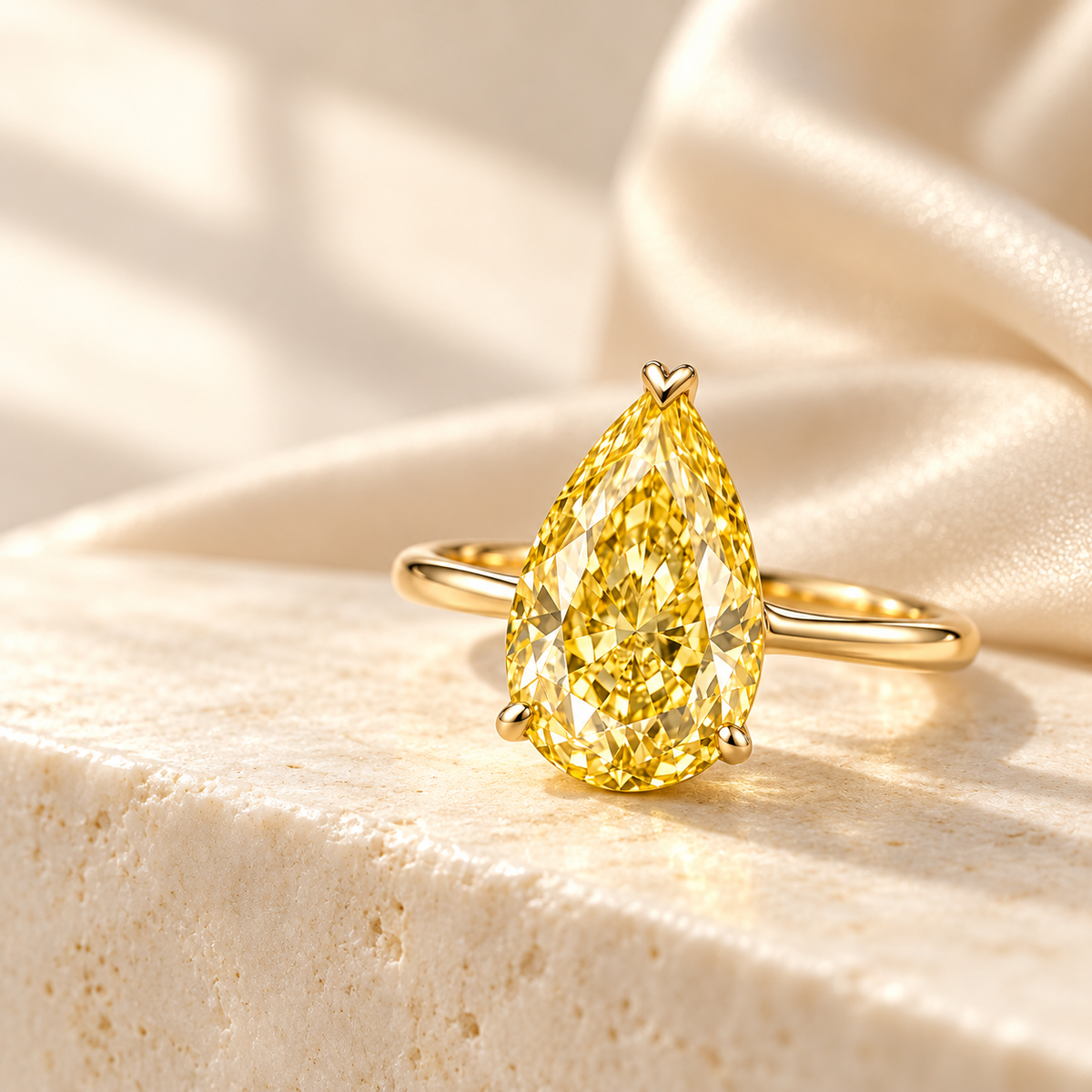 MISSISSI YR08 yellow lab-grown diamond ring, premium stone and silk still life. Design visualization.