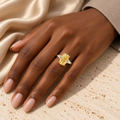 MISSISSI YR09 yellow lab-grown diamond ring worn by an adult Black woman on her left ring finger; design visualization