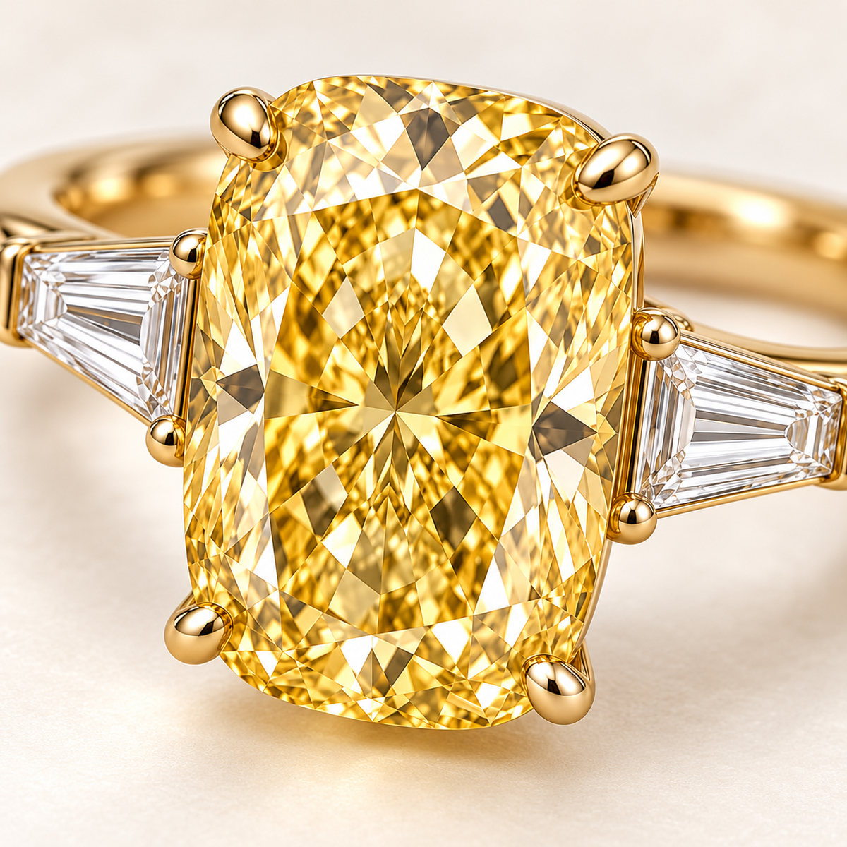 MISSISSI YR09 yellow lab-grown diamond ring setting and gemstone facet macro detail; design visualization