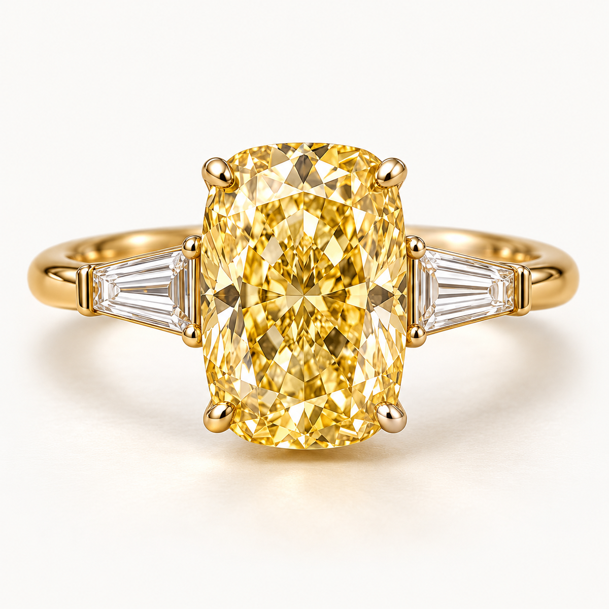 Design visualization of an elongated cushion-cut lab-grown yellow diamond ring with tapered baguette-cut lab-grown diamond side stones
