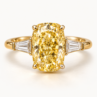 Design visualization of an elongated cushion-cut lab-grown yellow diamond ring with tapered baguette-cut lab-grown diamond side stones
