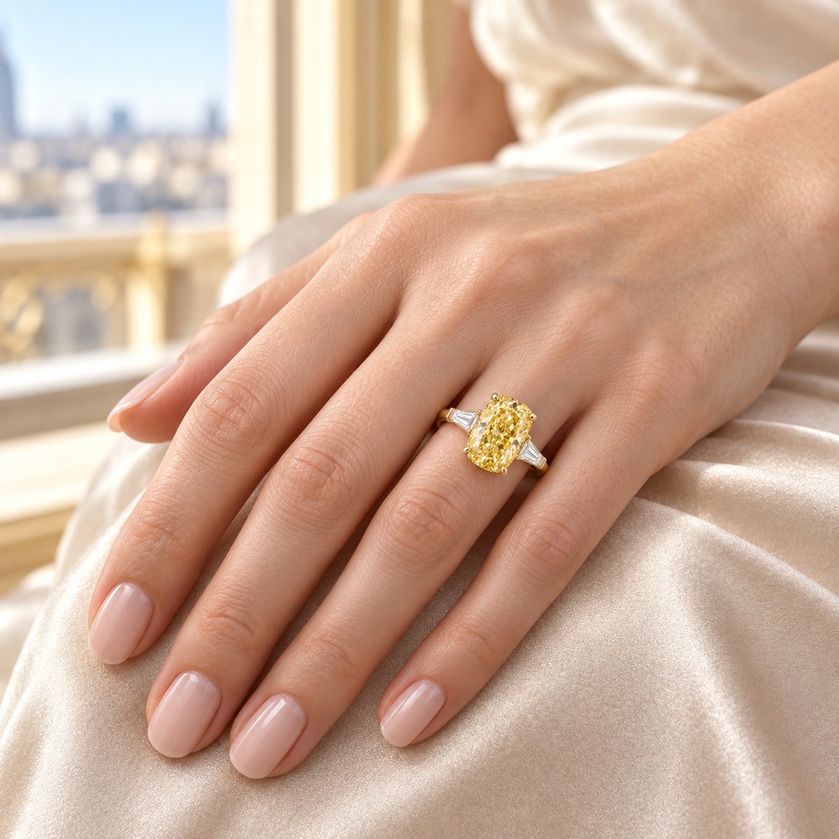 MISSISSI YR09 yellow lab-grown diamond ring worn by an adult white woman on her left ring finger; design visualization