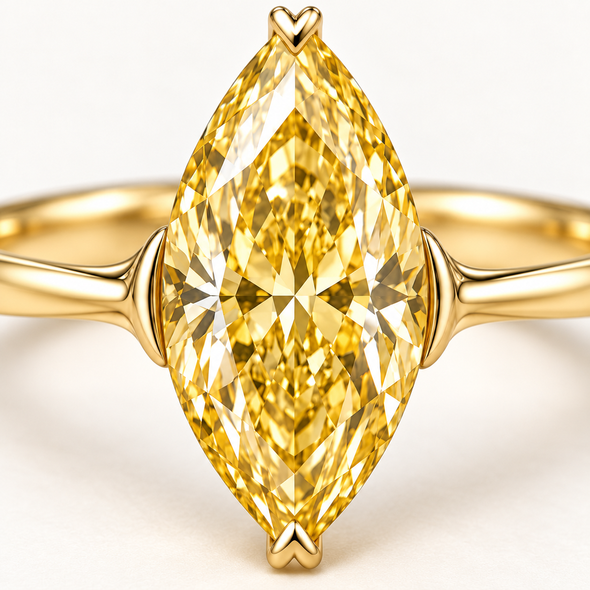 MISSISSI YR10 yellow lab-grown diamond ring, macro view of the marquise yellow center and curved gold shoulders. Design visualization.