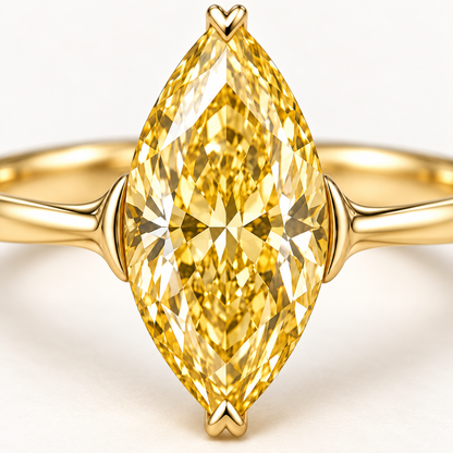 MISSISSI YR10 yellow lab-grown diamond ring, macro view of the marquise yellow center and curved gold shoulders. Design visualization.