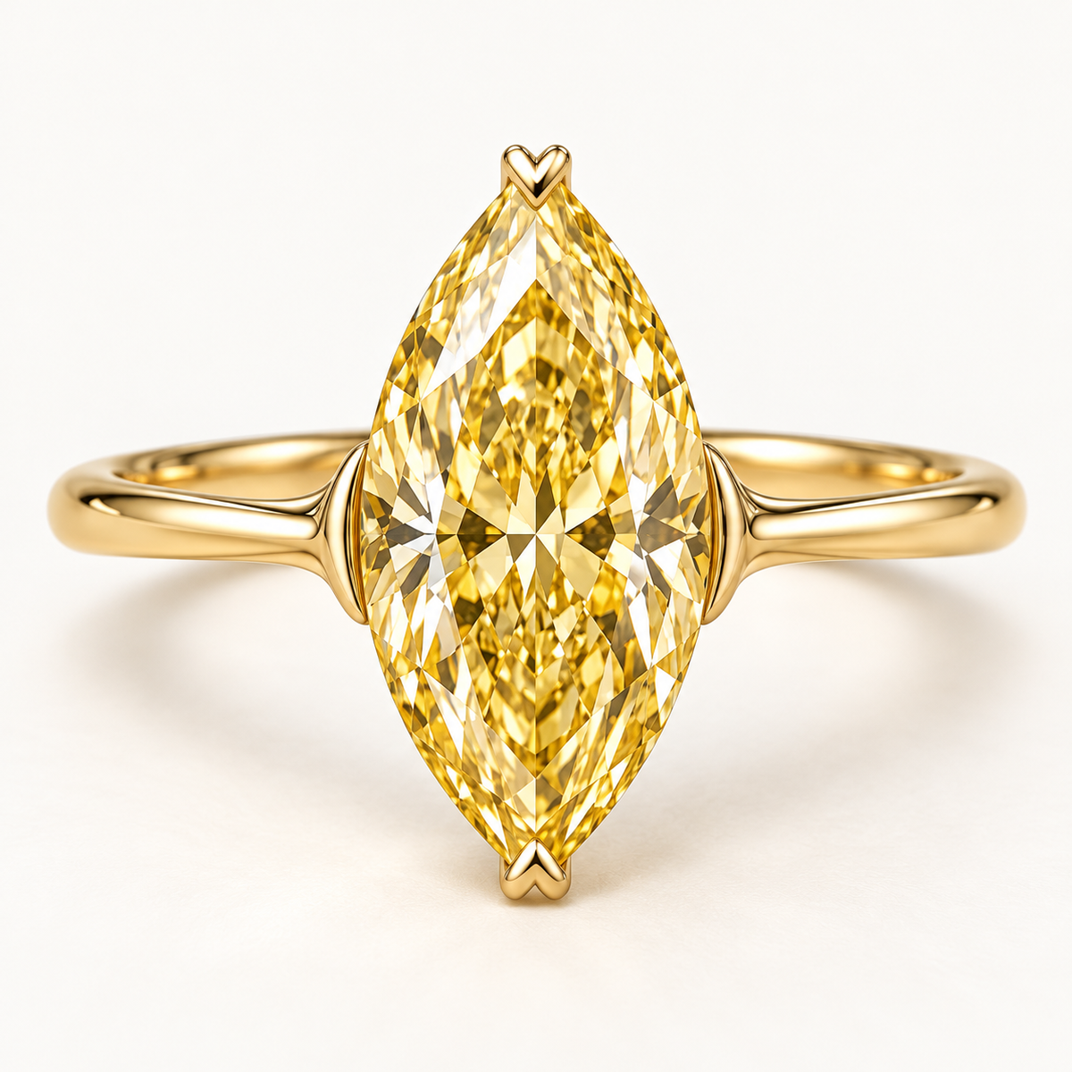 Design visualization of a vertically set marquise-cut lab-grown yellow diamond solitaire ring with pointed ends and curved shoulders