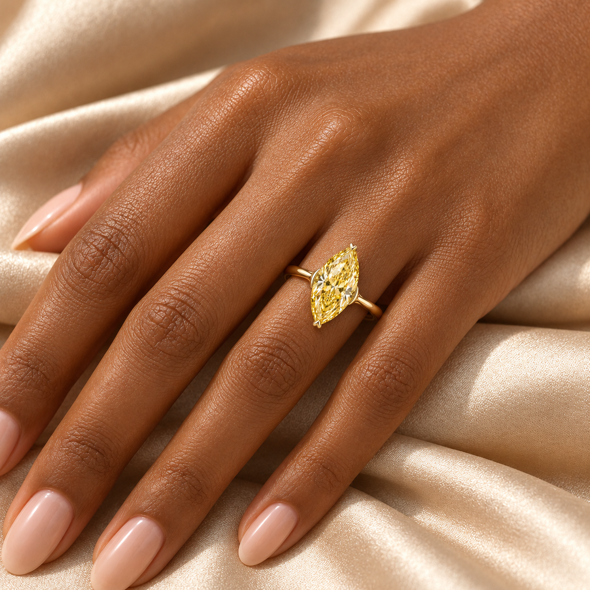 MISSISSI YR10 yellow lab-grown diamond ring, illustrative on-hand styling on a dark-skinned adult hand; not a scale guide. Design visualization.