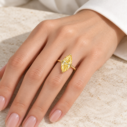 MISSISSI YR10 yellow lab-grown diamond ring, illustrative on-hand styling on a light-skinned adult hand; not a scale guide. Design visualization.