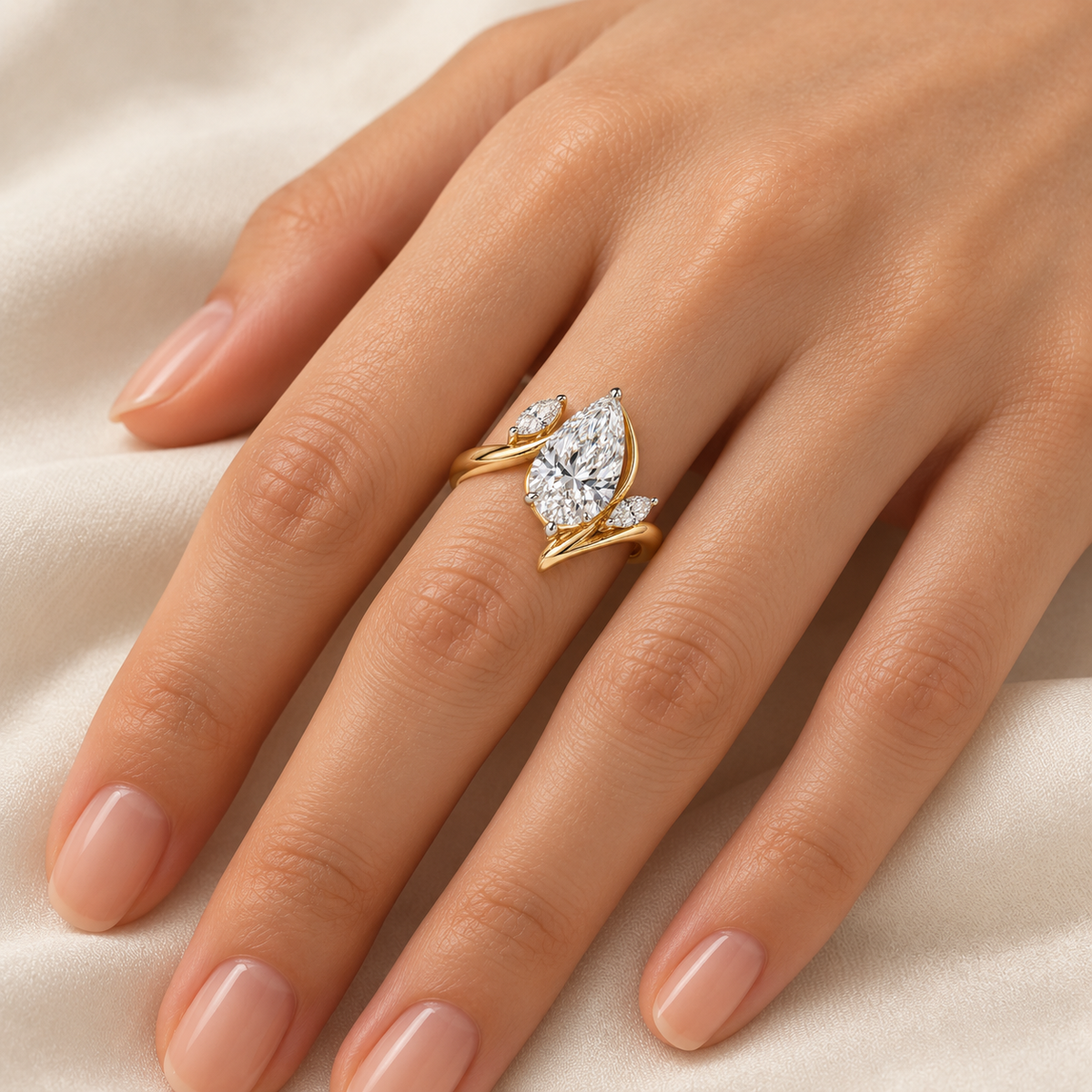 AI design visualization of New Sprig Pear Lab-Grown Diamond Ring — wear visualization