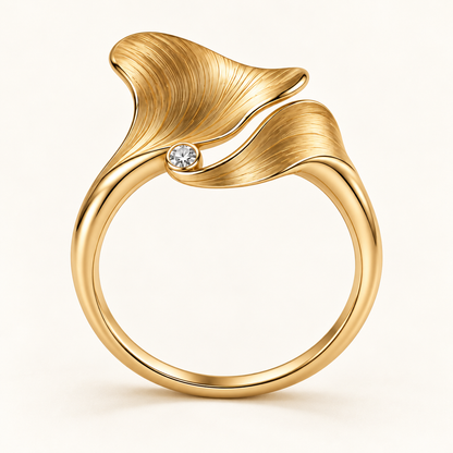 MISSISSI Petal Current sculptural two-petal ring concept, low-angle oblique view; design visualization