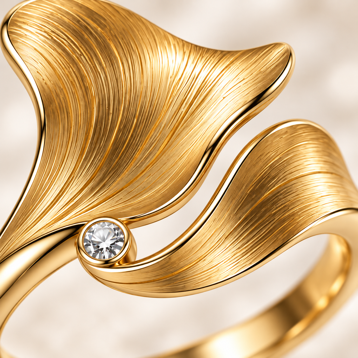 MISSISSI Petal Current sculptural two-petal ring concept, silk-grain and bezel detail; design visualization