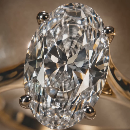 MISSISSI Oval brilliant Four-prong cathedral solitaire ring advertisement. AI-generated design concept with champagne packaging.