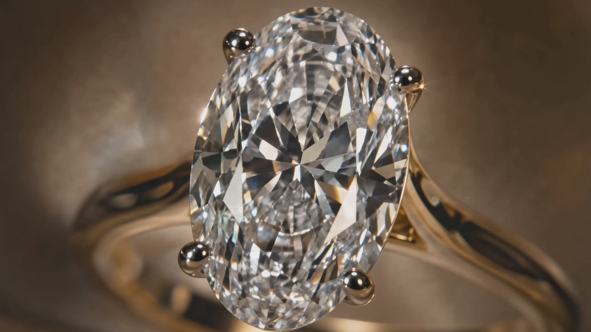MISSISSI Oval brilliant Four-prong cathedral solitaire ring advertisement. AI-generated design concept with champagne packaging.