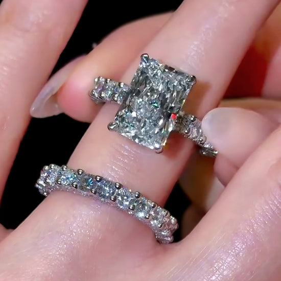 Premium radiant cut diamond wedding band on female finger celebrity style